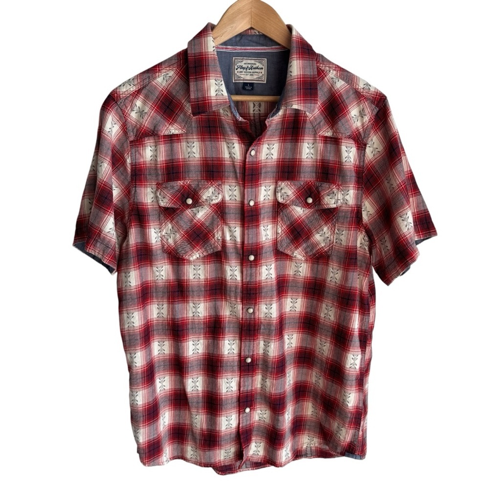 Flag and Anthem Plaid Pearl Snap Shirt Mens L Red Short Sleeve Button Down EUC